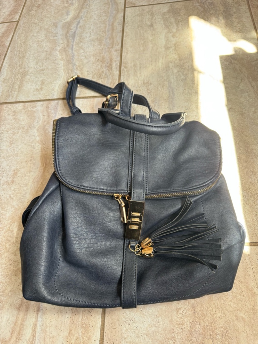 Classic Navy Faux Leather Women's Backpack with Tassel Accent